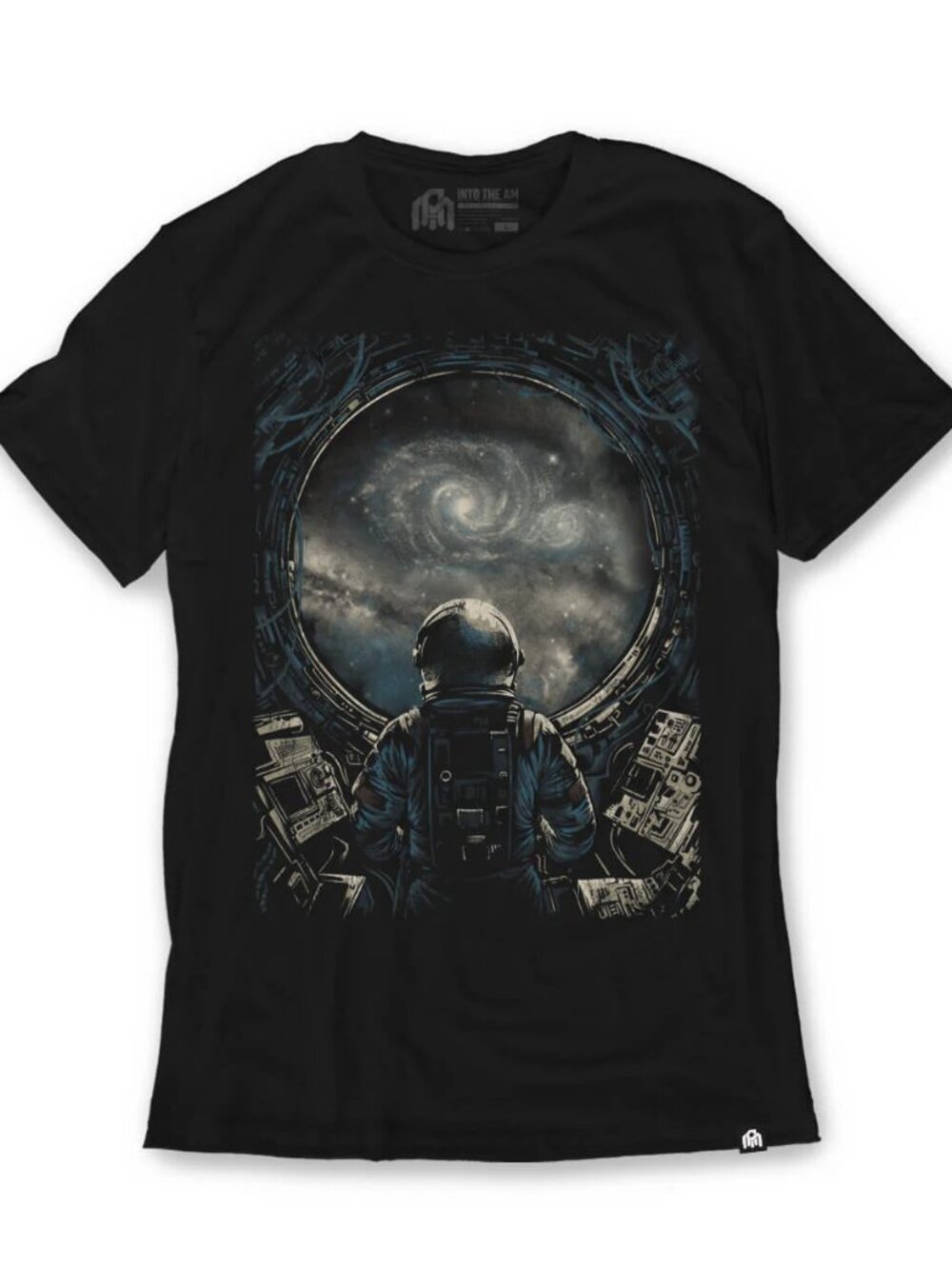 Black Astronaut Spaceship Window Graphic Tee Galaxy Sci-Fi Art Shirt